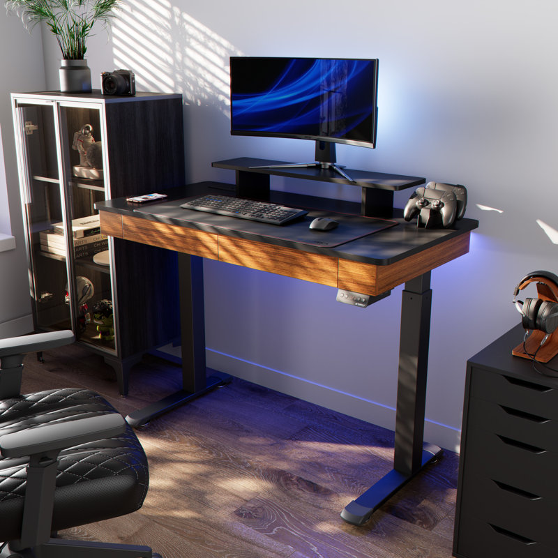 Metal Base Standing Desk with Power Outlet, 122cm H x 120cm W x 61cm D, Black/Brown