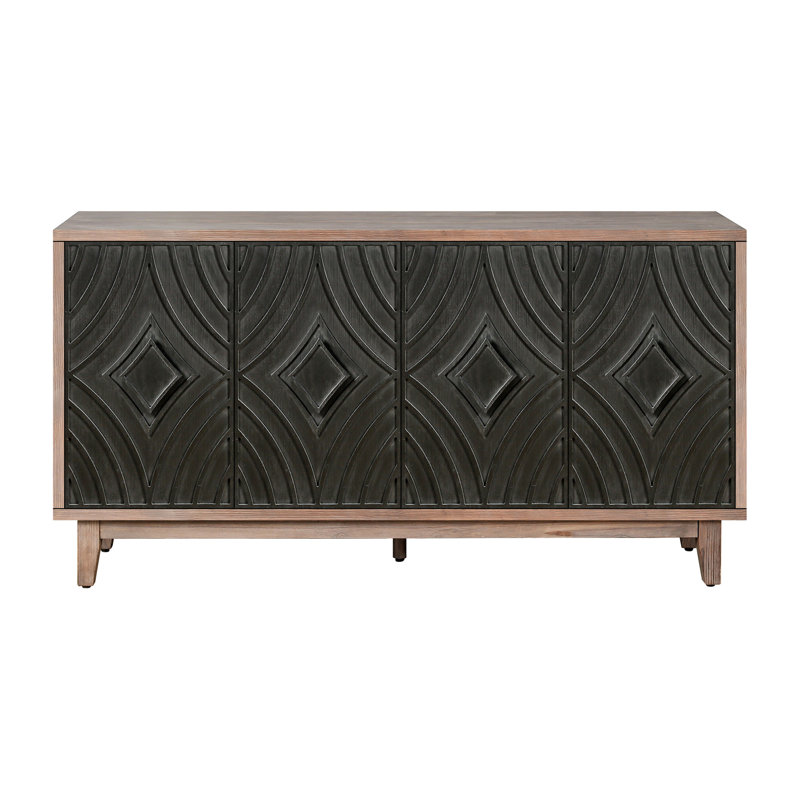 Buffet Mid-Century avec pieds en bois massif, crédence d'armoire de cuisine de 60 po avec 4 portes en losange à motif convexe et 2 tablettes décoratives pour le hall d'entrée du salon, etc.