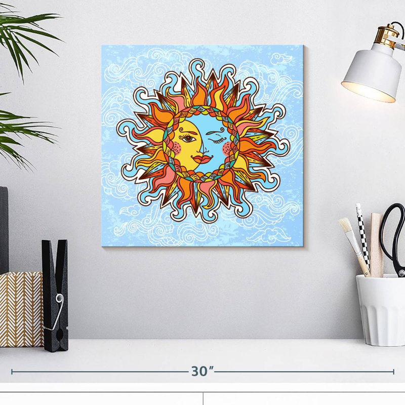 Caricature d'Oberle soleil et lune bohème, H 16 po x l 16 po