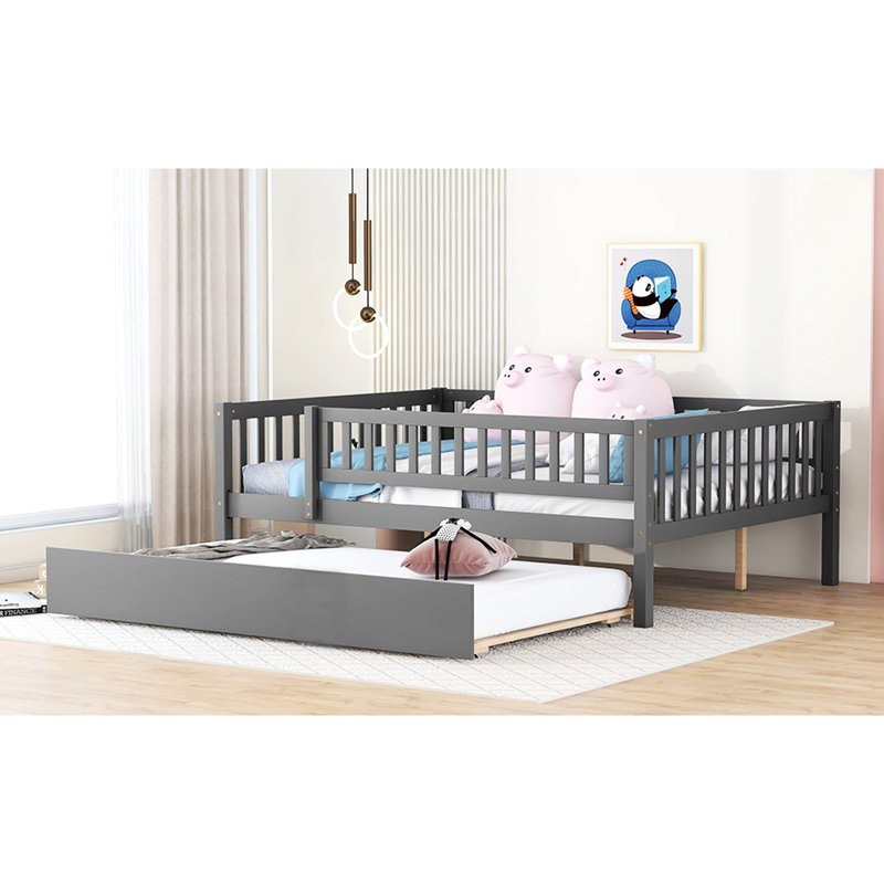 Full Size Daybed With Trundle And Gray Fence Guardrails - Create A Cozy Functional Bedroom Space Size Long-Lasting Comfortable Rest