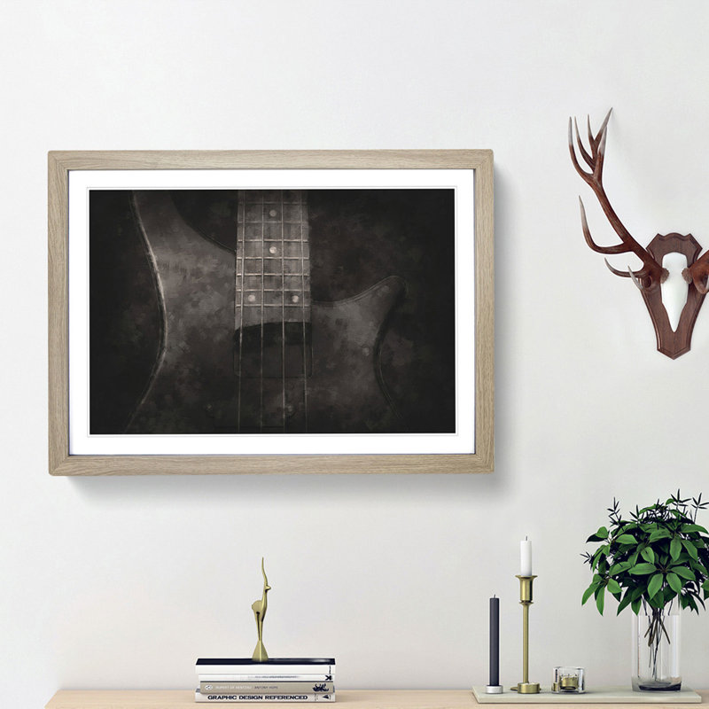 Top of a Black Bass Guitar - Picture Frame Painting Print, 24cm H x 33cm W x 2cm D, Oak Framed