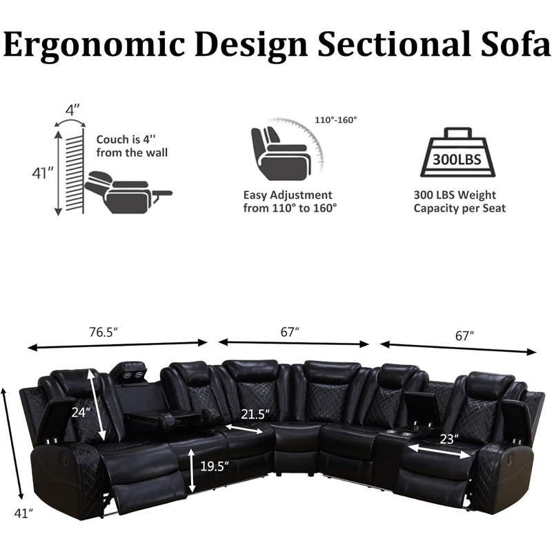 3-Pieces 210" Breathing Leather Power Reclining Theater Sectional With LED Lighting, Black