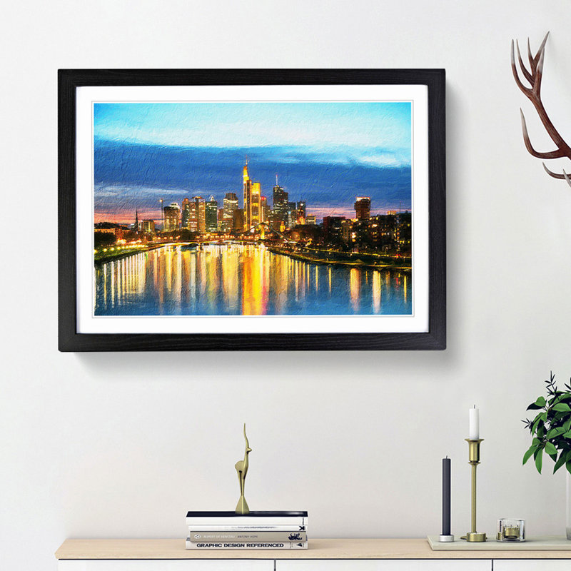 Reflections of the Frankfurt Skyline - Picture Frame Painting Print, 36cm H x 48cm W x 2cm D, Black Framed