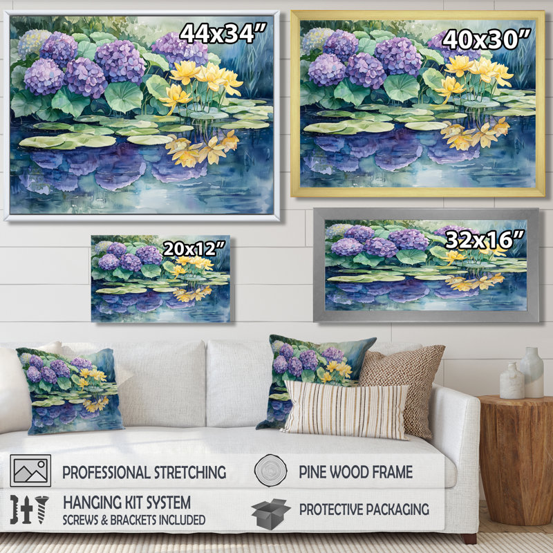 Imina hortensias et lys par le lac II - hydrangées grand art mural, H 12 po x l 20 po, Reproduction avec cadre flottant