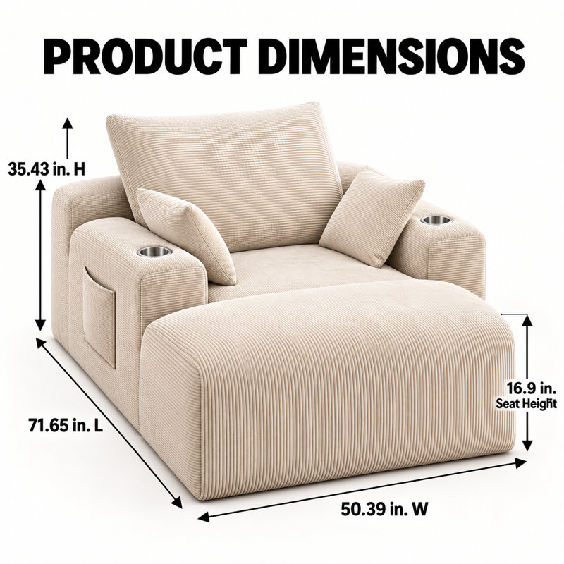 Chaise longue surdimensionnée Velquorisse de 182 cm (71,7 po) en velours côtelé avec deux porte-gobelets, une poche de rangement, des coussins et aucun assemblage requis