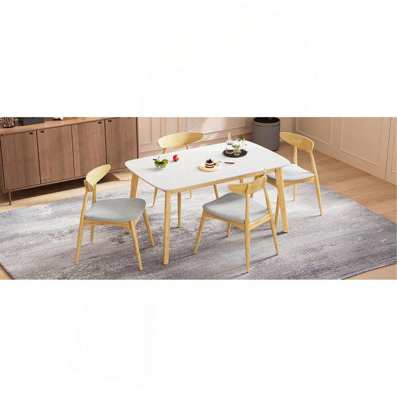 Ensemble de salle à manger 5 pièces, 1 table + 4 chaises, structure en bois d'hévéa, chaises ergonomiques et table en faux bois