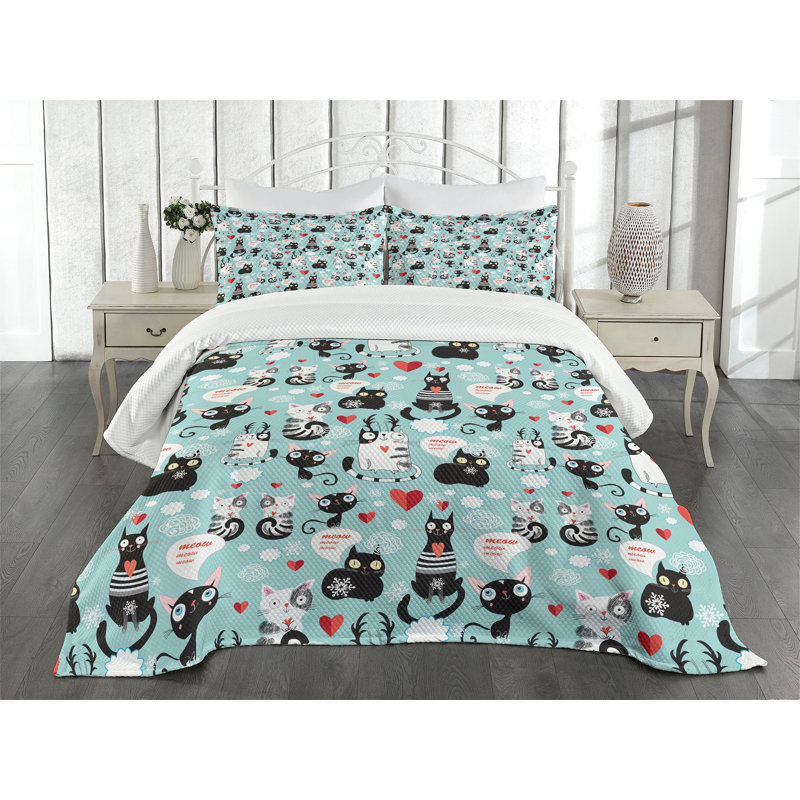 King Size Black and White Cat Print Bedspread Set