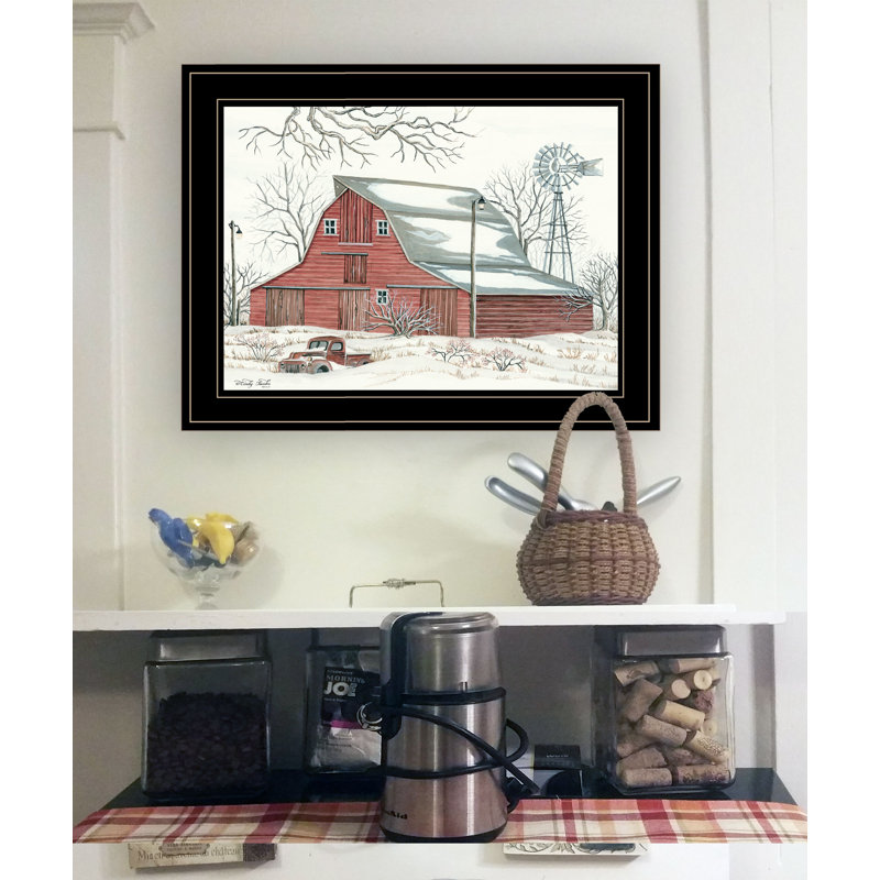 Reproduction d’art sur papier encadrée « Winter Barn avec Pickup Truck » par Cindy Jacobs, Cadre noir