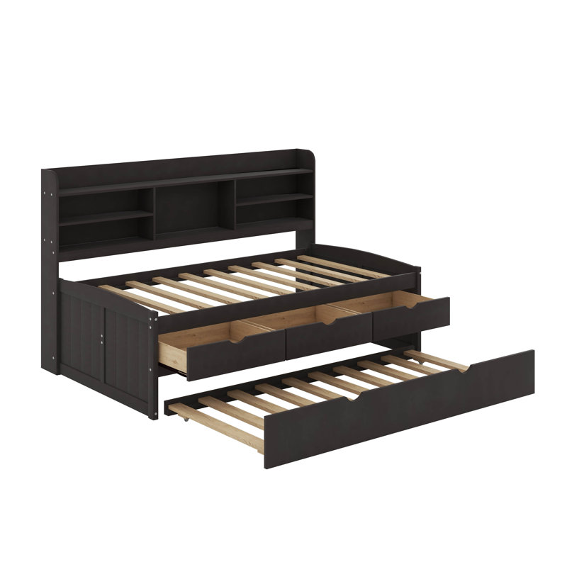Twin Size Wooden Captain Bed With Built-In Bookshelves,Three Storage Drawers And Trundle, Antique Brown