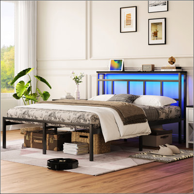 14 Inch Full Bed Frame With Storage Headboard, Metal Platform Bed Frame With USB-C, Type-C And LED Light, Black