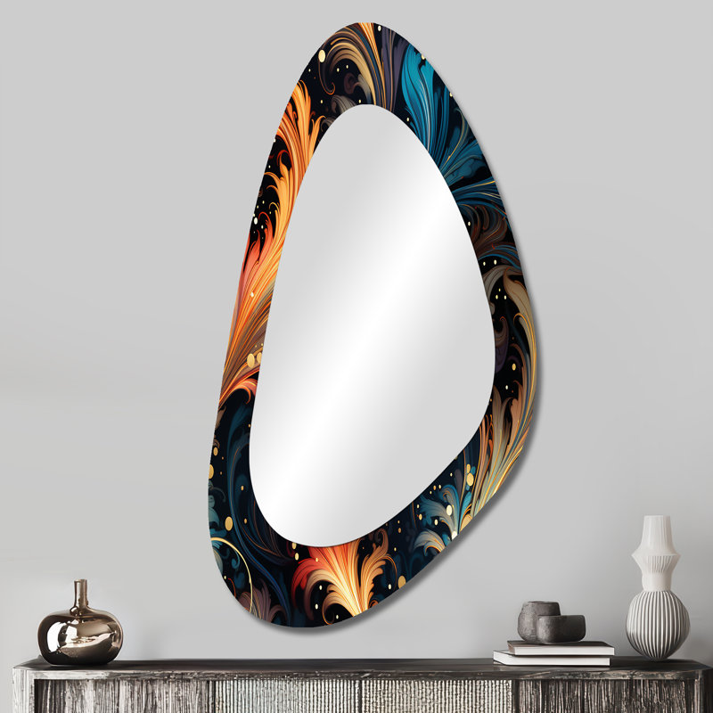 Blue And Yellow Cosmic Damask Whirls I - Damask Unique Shape Decorative Mirror, Boho Asymmetrical Large Wall Mirror, Printed Metal Art