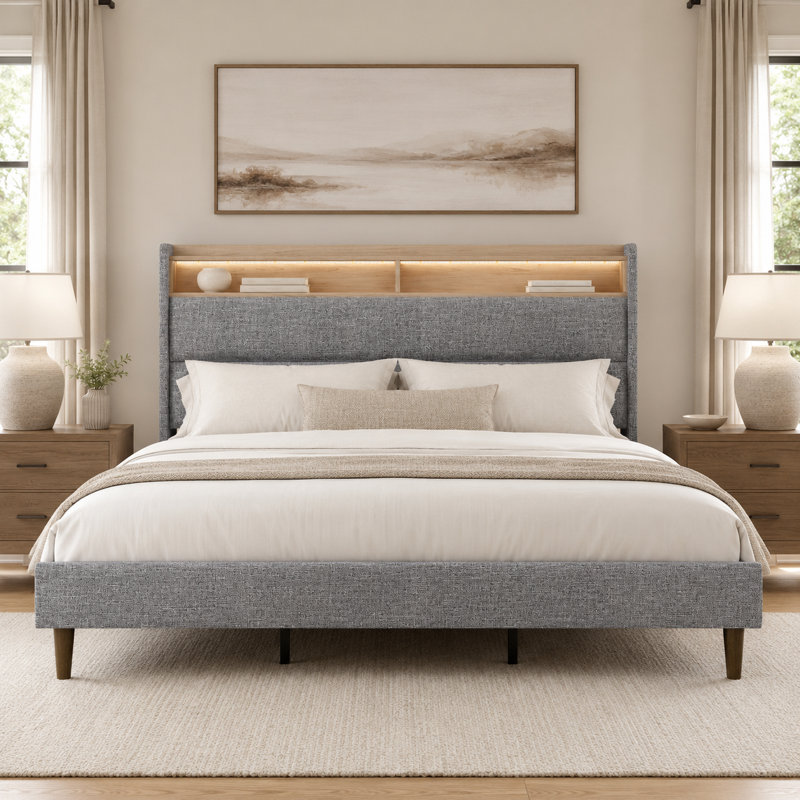 Modern Upholstered Platform Bed with Storage Headboard, Charging Station, RGB LED Lights, Gray, King