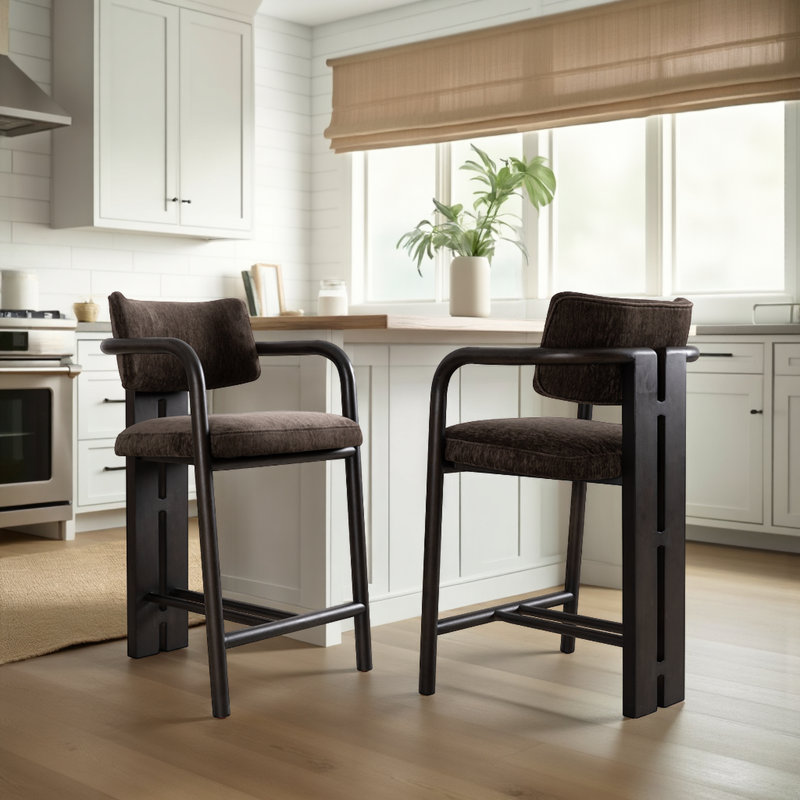 Caspia Espresso Solid Wood Upholstered 26" Counter Height Barstool With Brindle Brown Seat, 2