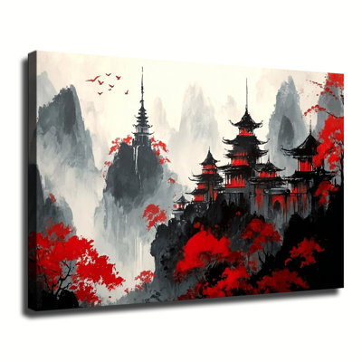 Chinese Ancient Temple Mountain Landscape Ink Wash Art, Large Gallery Wrapped Canvas Wall Art Print For Living Room Bedroom