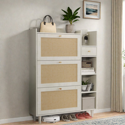 Bohemia Style Shoe Cabinet With 3 Rattan Flip Drawers, 3 Square Shelves And 1 Storage Drawer And Key Hooks