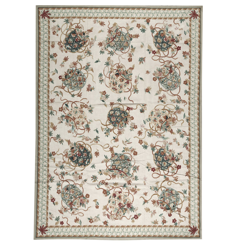 Hand-Knotted High-Quality Ivory and Beige Area Rug, Rectangle 9'9" x 13'8"
