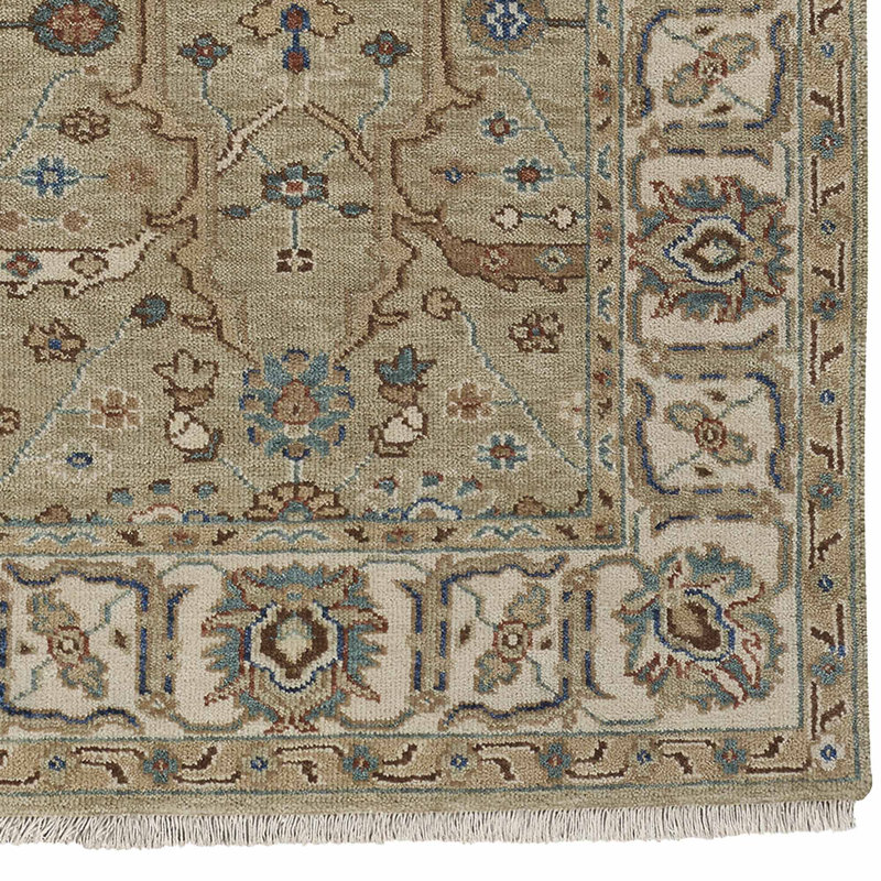 Sarah Hand-Knotted Wool Green Beige Area Rug, Rectangle 9' x 12'
