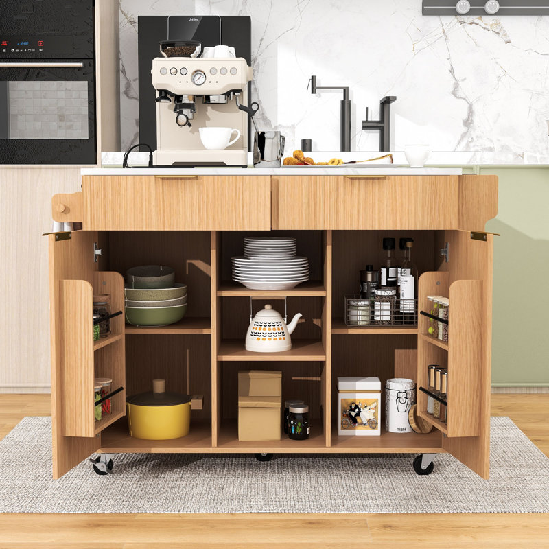 Rolling Fluted Kitchen Island Cart with Drop Leaf, Power Outlet and Adjustable Shelves, Natural