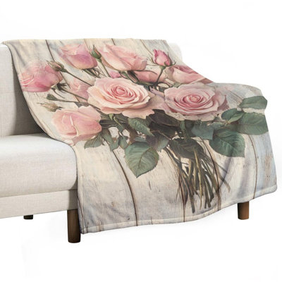 Jeté en flanelle de luxe Bouquet de roses roses pâle, couverture douce et chaude pour le canapé-lit du salon
