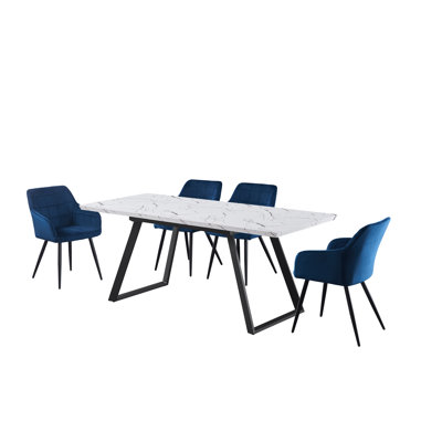 Yerres 4 Person Dining set - a Rectangular Extendable Dining Table with Metal Legs and a Set of 4 Quilted Velvet Dining Chairs for Dining Room - Modern Dining Table Set