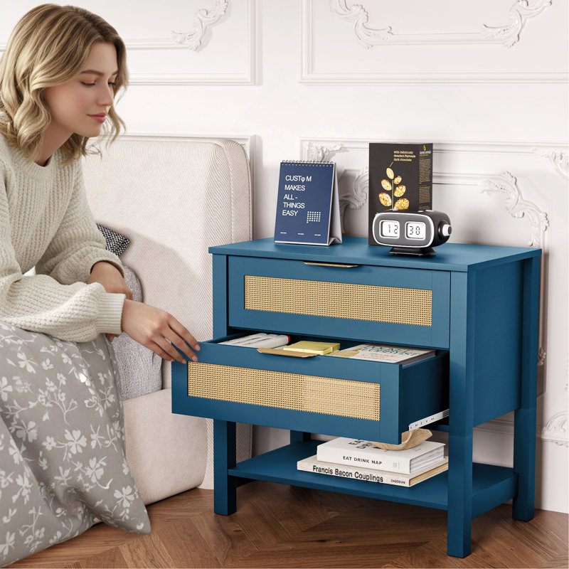 Table de chevet étroite en rotin avec 2 tiroirs et tablette de rangement Boho, Turquoise