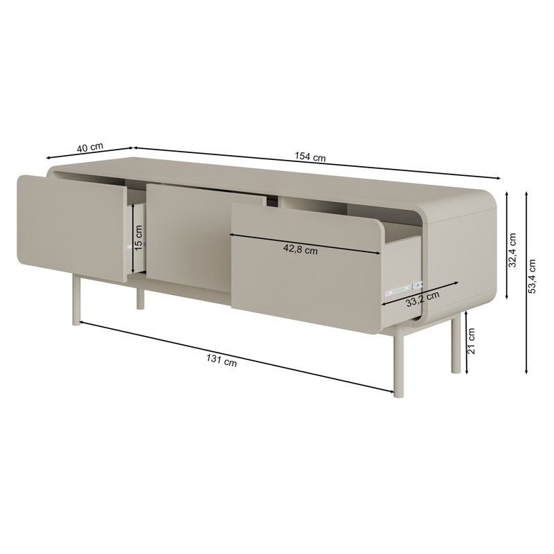 Alphonce 154 cm TV Stand with Three Drawers and Legs in, Grey Beige