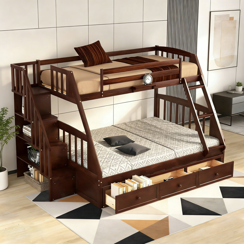 Lit superposé simple au-dessus d'un lit double avec escalier et tiroirs de rangement intégrés, Espresso