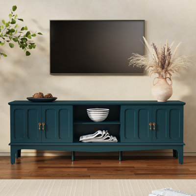67" Mid-Century Modern TV Stand with Storage Cabinets & Open Shelves, Retro Entertainment Center with Solid Wood Leg, Holds TVs up to 75"