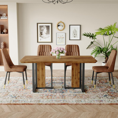 Ensemble de table de salle à manger 5 pièces comprenant un plateau en bois et un support en métal. L'ensemble de tables de salle à manger 67 po pour 67 personnes offre stabilité, confort et style.