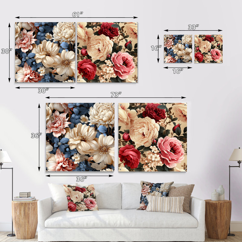 Motif floral beige rétro II - ensemble d'art mural en acrylique sur verre floral, H 16 po x l 33 po