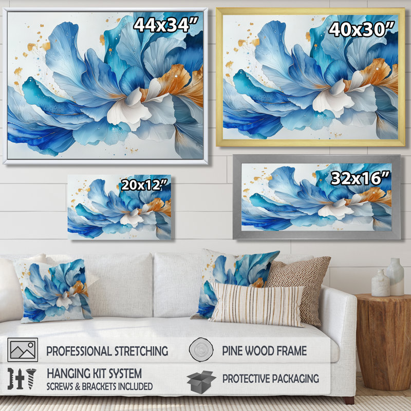 Océan bleu délicat pétales floraux III - fleurs abstraites, art mural, H 30 po x l 40 po, Toile tendue, Ne s’applique pas