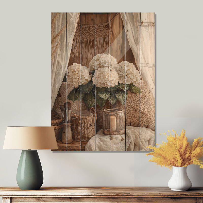 Boho Hydrangeas By The Boho Tent II - Hydrangea Wood Wall Art - On Natural Pine Wood, 32" H x 24" W x 0.78" D