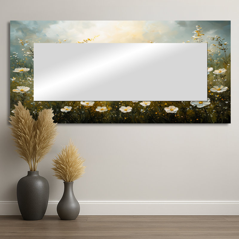 Countryside Roses Flowers Field II - Floral Wall Mirror Art - Printed On Metal, 28" x 60"