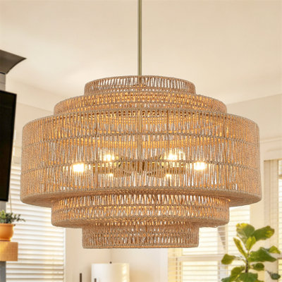 6-Light 25.6" Drum Hand Woven Rattan Boho Coastal Chandelier, 5-Tier Farmhouse Wicker Pendant Light for Dining Room