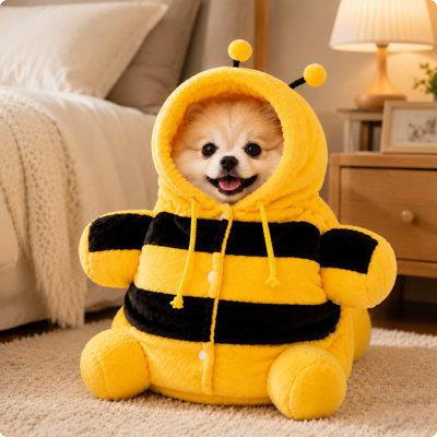 Cute 3D Bumblebee Shaped Pet Backpack Carrier, Soft Flannel Plush Cat & Dog Travel Bag, Hooded Drawstring Small Pet Outdoor Carrying Backpack for Mini Dogs & Kittens
