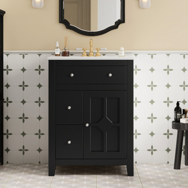 Meuble-lavabo moderne de 24 pouces, lavabo en céramique, métal rustique, charnières silencieuses, rangement pour pinceaux de maquillage, style campagne française, tiroirs, tablette réglable pour flacons de bain de bouche