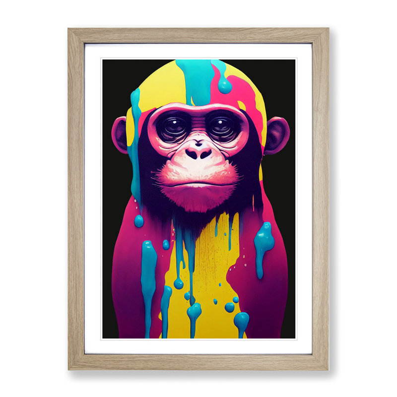 Paint Drip Monkey No.2 - Wall Art, 34cm H x 25cm W x 2cm D, Oak Framed
