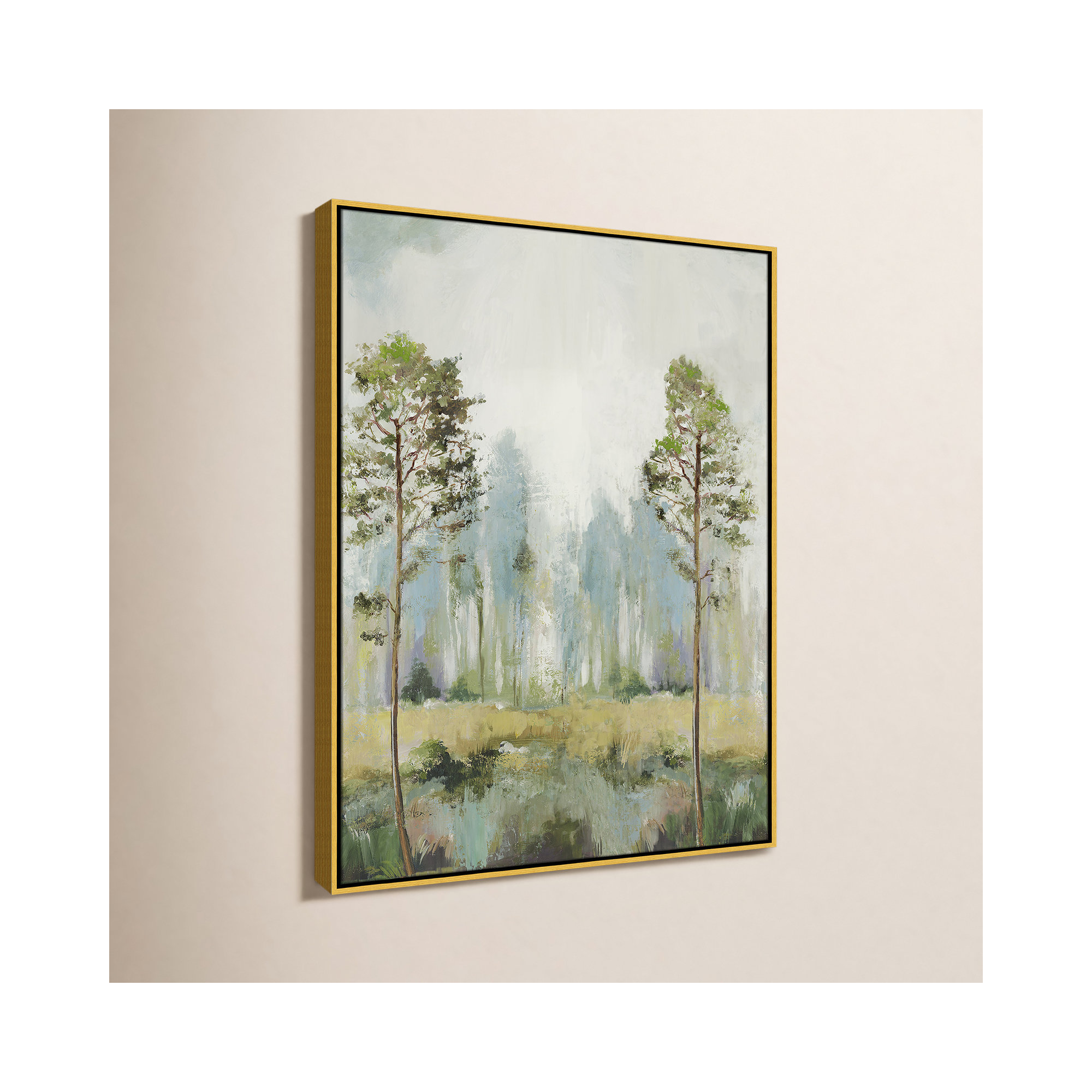 Tall Green Trees II by Teton Pearce - Floater Frame Print on Canvas, 41.5" H x 31.5" W, Gold