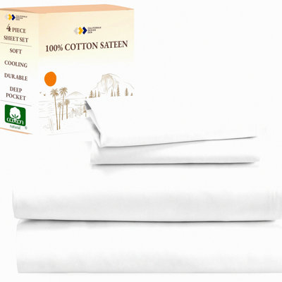 CoolCotton Sateen Bedding Set - Deep Pocket White Sheets - 100% Cotton - Cooling Sheets - 4 Piece Bed Set - Size Bed Sheets
