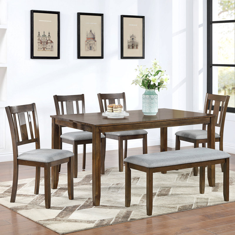 Ensemble de salle à manger de cuisine 6 pièces, table de salle à manger rectangulaire en bois avec 4 chaises rembourrées et un banc, ensemble de table de salle à manger pour 6 personnes, salon, bar et cuisine