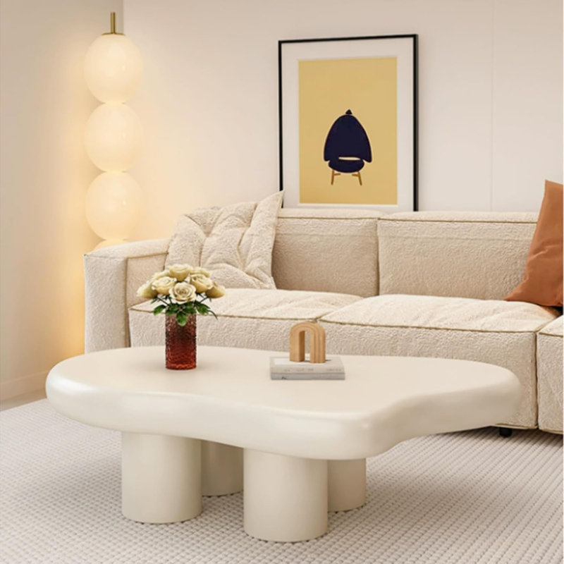Table basse moderne en forme de nuage crème - Table basse de salon à profil bas avec 4 pieds