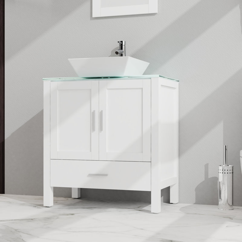 Meuble-lavabo de salle de bain blanc. Armoire avec plateau en verre. 18,5 * 30 * 31,5 pouces 2 portes, 1 tiroir. Rangement abondant. Surface lisse. Charnières à fermeture douce. Facile à installer. Comptoir chic 30 po. Blanc