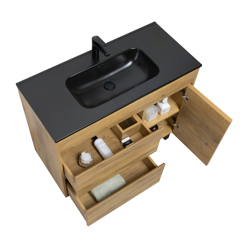 Bairdstown 40 po L x 18 po P 1 porte et 2 tiroirs Meuble-lavabo autoportant avec évier simple et Comptoir en Céramique noire
