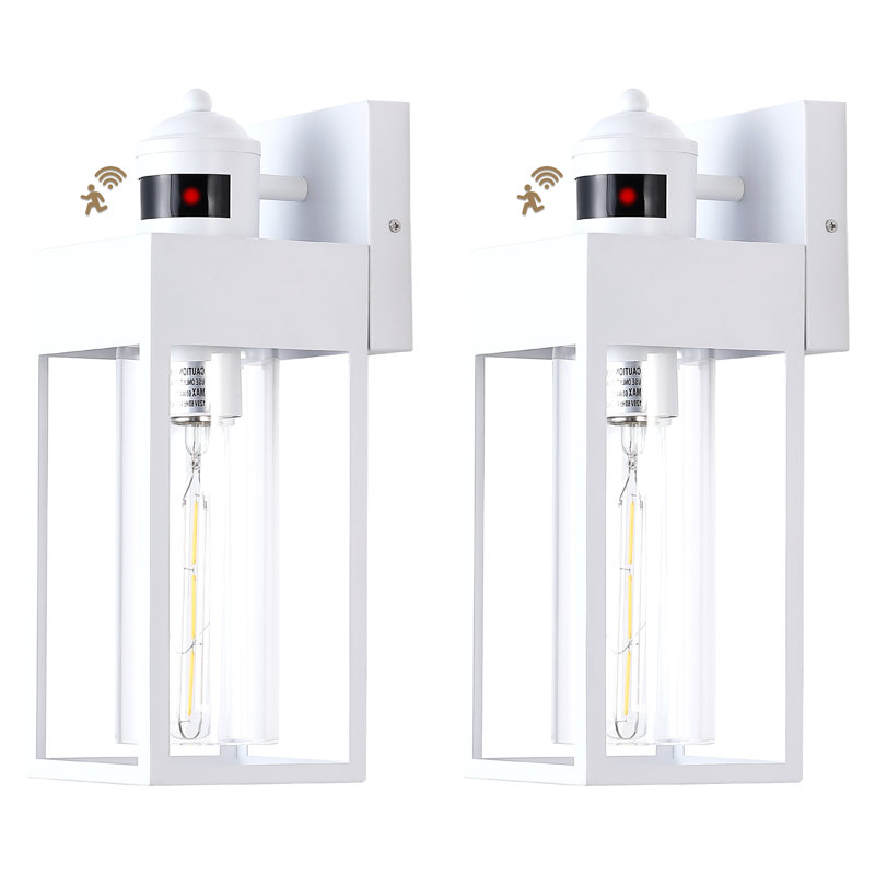 Motion Sensor Outdoor Wall Sconce, White Rectangular Metal Frame With Tempered Glass Shade, Waterproof Exterior Lantern For Garage Entryway Yard(Set Of 2)