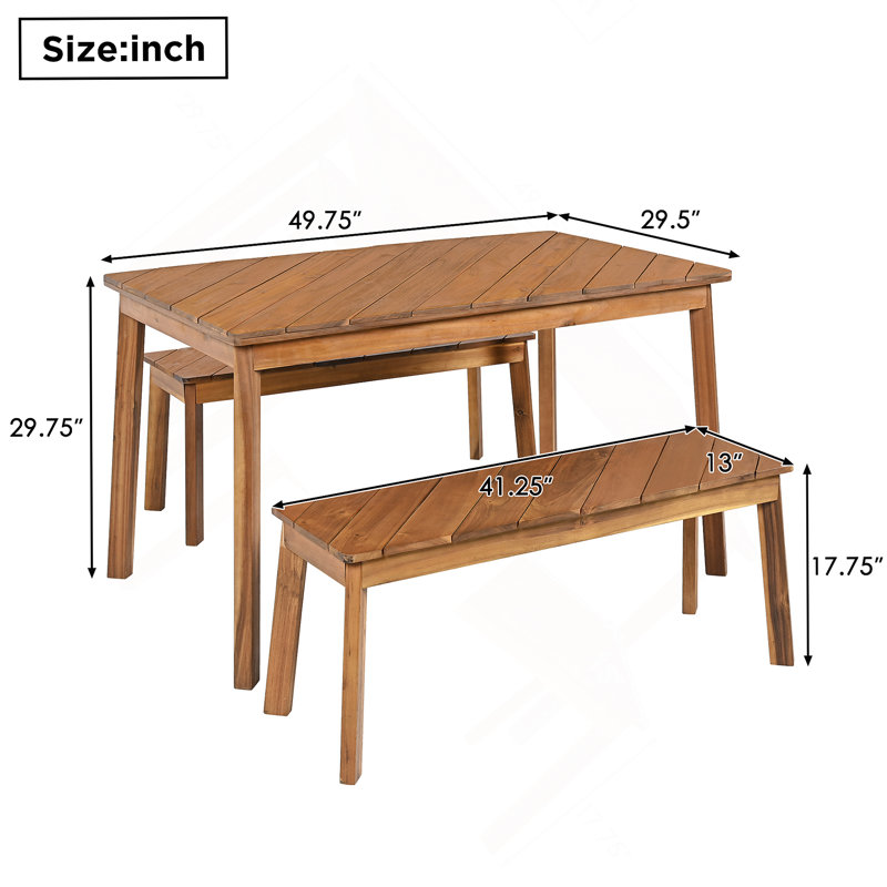 3 Pieces Acacia Wood Table Bench Dining Set for Outdoor & Indoor Furniture with 2 Benches