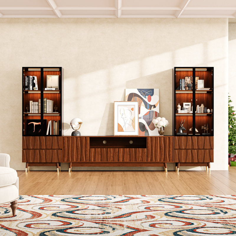 114.2''w Walnut Finish Entertainment Center For Tvs Up To 65", Mid-century Modern Wood Media Console Includes Tv Stand With Storage And Two 3-tier Display Case With 2 Drawers For Living Room And Bedroom, Brown