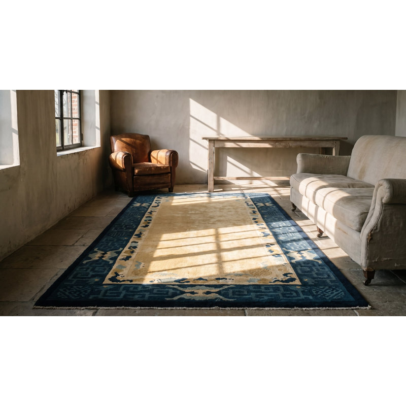 Solid Ivory Open Field Antique Small Geometric Peking Chinese Rug