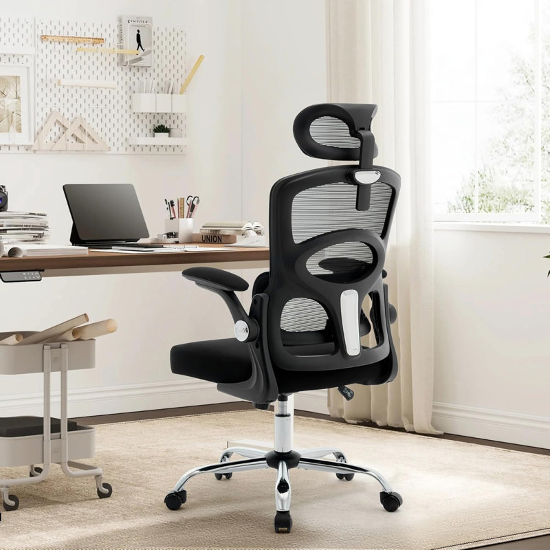 Chaise de bureau ergonomique en filet à dossier haut - Appui-tête réglable et support lombaire - Chaise de bureau d'ordinateur pivotante avec pied galvanisé et roulettes - Idéale pour le bureau à domicile ou la salle de jeu - Structure noire, dossier en filet transparent