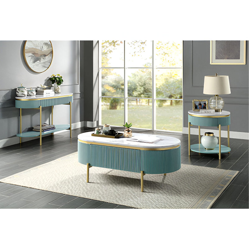 Table d'exposition contemporaine sarcelle avec plateau en faux marbre blanc et compartiment de rangement à finition dissimulée glamour