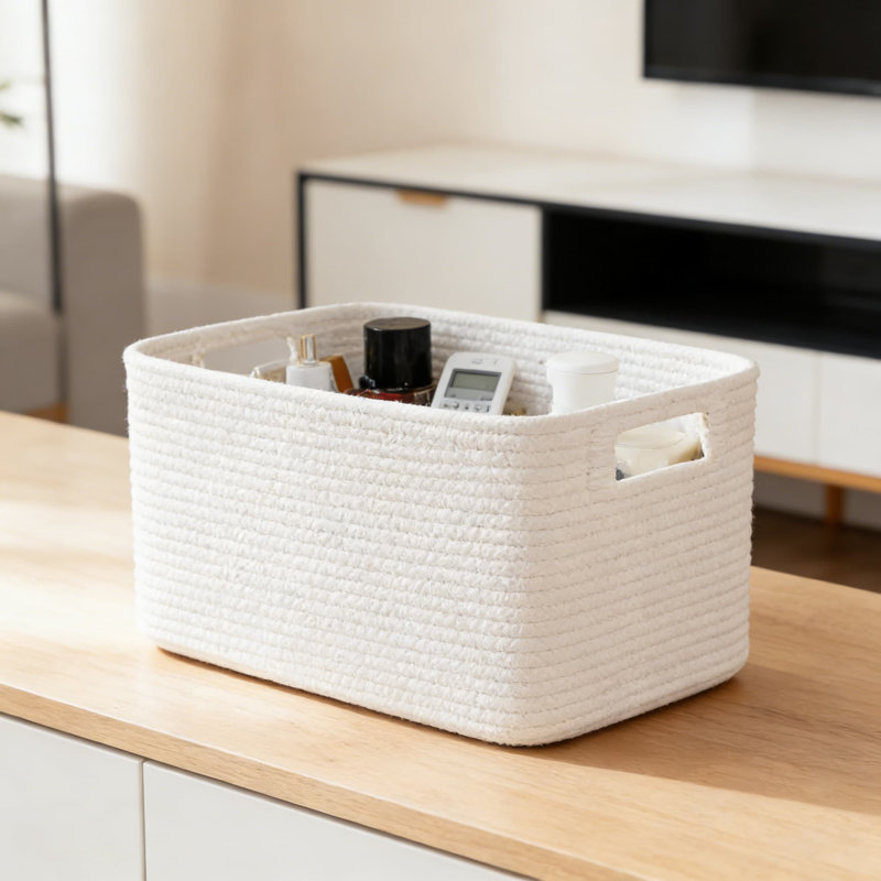 Woven Storage Baskets 4-Pack With Handles, Foldable Fabric Organizer Bins For Shelves, Closet, And Home Organization, Natural Cotton Material